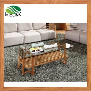 Table basse rectangulaire en bambou avec plateau en verre pour salle de séjour